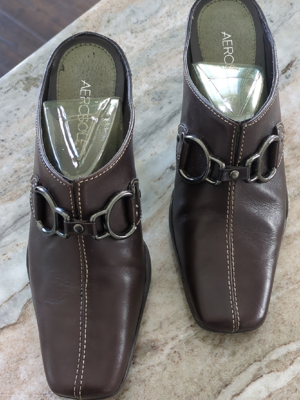 AEROSOLES Dark Brown Leather Slip-On Loafers with Metal Bit